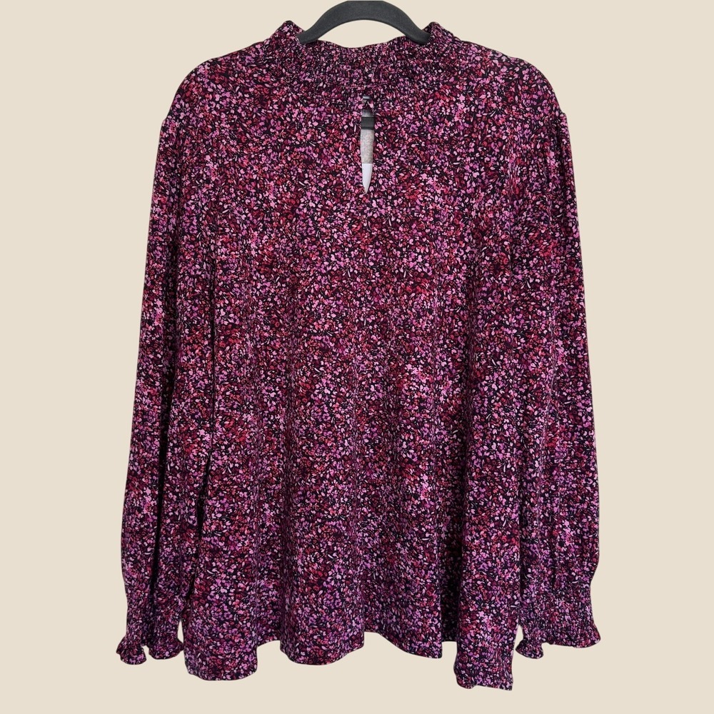 J Jill New Plus Size 3X Pink Keyhole Neck Detail Floral Long Sleeve Blouse